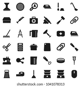 Flat vector icon set - plunger vector, scraper, rake, sponge, car fetlock, iron, toilet brush, pan, measuring cup, whisk, spatula, ladle, rolling pin, meat hammer, cutting board, grater, sieve