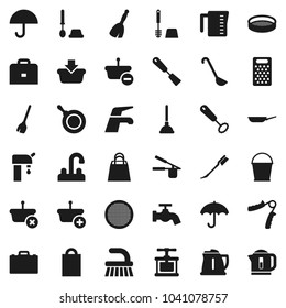 Flat vector icon set - plunger vector, broom, water tap, fetlock, bucket, car, toilet brush, pan, kettle, measuring cup, cook press, whisk, spatula, ladle, grater, sieve, case, hand trainer, supply