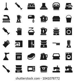 Flat vector icon set - plunger vector, fetlock, bucket, sponge, washing powder, rubber glove, kettle, spatula, microwave oven, double boiler, blender, fridge, washer, dishwasher, mixer, coffee maker