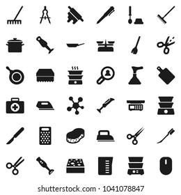 Flat vector icon set - plunger vector, broom, rake, sponge, car fetlock, toilet brush, pan, measuring cup, rolling pin, cutting board, grater, double boiler, blender, drawing compass, pen, scissors
