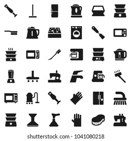 Flat vector icon set - plunger vector, water tap, vacuum cleaner, fetlock, mop, sponge, car, rubber glove, kettle, spatula, microwave oven, double boiler, blender, fridge, washer, coffee maker