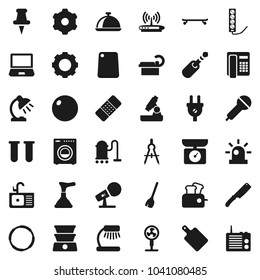 Flat vector icon set - plunger vector, broom, vacuum cleaner, sink, knife, cutting board, dish, drawing compass, microscope, table lamp, fitball, skateboard, hoop, microphone, thumbtack, jack, vial