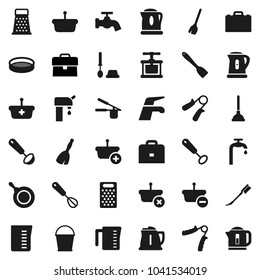 Flat vector icon set - plunger vector, broom, water tap, bucket, car fetlock, toilet brush, pan, kettle, measuring cup, cook press, whisk, spatula, ladle, grater, sieve, case, hand trainer, supply
