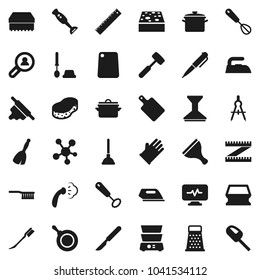 Flat vector icon set - plunger vector, scraper, broom, fetlock, sponge, car, iron, steaming, toilet brush, rubber glove, pan, whisk, rolling pin, meat hammer, cutting board, grater, double boiler