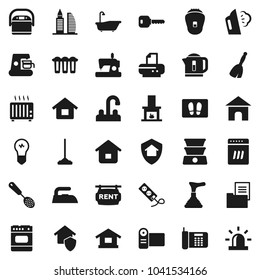 Flat vector icon set - plunger vector, broom, mop, welcome mat, iron, steaming, bath, water tap, skimmer, key, house, estate document, rent signboard, office building, fireplace, home protect, oven