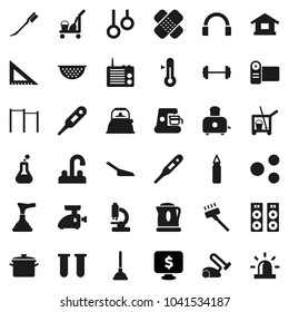 Flat vector icon set - plunger vector, cleaner trolley, vacuum, scoop, car fetlock, water tap, pan, kettle, colander, toaster, thermometer, corner ruler, monitor dollar, barbell, horizontal bar