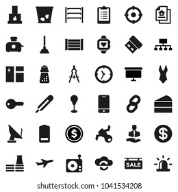 Flat vector icon set - plunger vector, trash bin, window cleaning, hand mill, cake, drawing compass, dollar coin, presentation board, hierarchy, clipboard, punching bag, swimsuite, heart monitor