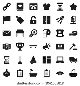 Flat vector icon set - plunger vector, window cleaning, welcome mat, shining, toilet paper, cutting board, cookbook, bell, notebook pc, clipboard, award cup, flag, measuring, skateboard, shuttlecock
