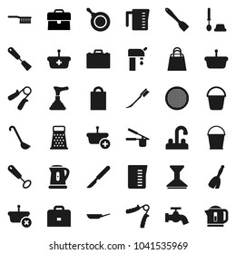 Flat vector icon set - plunger vector, broom, fetlock, bucket, water tap, car, toilet brush, pan, kettle, measuring cup, cook press, whisk, spatula, ladle, grater, sieve, case, hand trainer, scalpel
