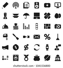 Flat vector icon set - plunger vector, splotch, spatula, mixer, cookbook, plates, dish, egg, pencil, compass, monitor dollar, medal, heart, first aid kit, traffic light, consolidated cargo, document