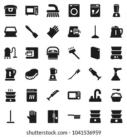 Flat vector icon set - plunger vector, vacuum cleaner, fetlock, mop, sponge, car, washing powder, rubber glove, water tap, kettle, spatula, microwave oven, double boiler, blender, fridge, washer