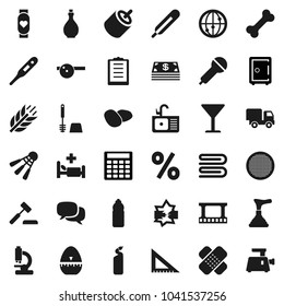 Flat vector icon set - plunger vector, towel, toilet brush, cleaning agent, sink, oil, cook timer, sieve, potato, corner ruler, calculator, safe, heart monitor, water bottle, cereals, shuttlecock
