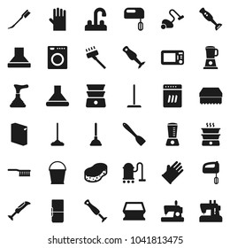 Flat vector icon set - plunger vector, vacuum cleaner, fetlock, mop, bucket, sponge, car, washing powder, rubber glove, water tap, spatula, double boiler, blender, fridge, washer, dishwasher, mixer
