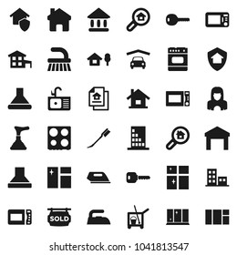 Flat vector icon set - plunger vector, cleaner trolley, fetlock, car, window cleaning, iron, shining, sink, woman, microwave oven, university, warehouse, home, key, house, cottage, chalet, garage