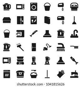 Flat vector icon set - plunger vector, vacuum cleaner, fetlock, mop, bucket, sponge, washing powder, rubber glove, water tap, kettle, microwave oven, double boiler, blender, fridge, washer, mixer
