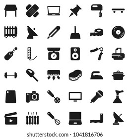 Flat vector icon set - plunger vector, scoop, sponge, iron, pan, whisk, skimmer, cutting board, corner ruler, barbell, measuring, hand trainer, skateboard, satellite antenna, cinema clap, disk, jack