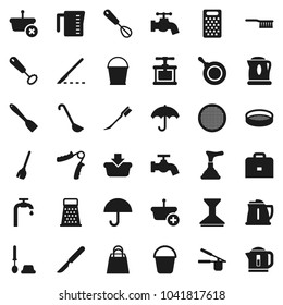 Flat vector icon set - plunger vector, broom, fetlock, bucket, water tap, car, toilet brush, pan, kettle, measuring cup, cook press, whisk, spatula, ladle, grater, sieve, case, hand trainer, scalpel