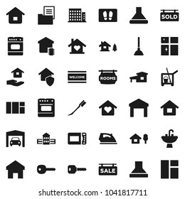 Flat vector icon set - plunger vector, cleaner trolley, car fetlock, welcome mat, iron, shining window, house hold, sink, school building, warehouse, home, key, cottage, chalet, garage, rooms, sold