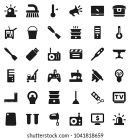 Flat vector icon set - plunger vector, cleaner trolley, fetlock, bucket, spatula, rolling pin, cutting board, mixer, double boiler, thermometer, corner ruler, monitor dollar, cinema clap, radio, tv