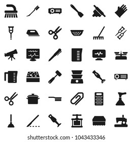 Flat vector icon set - plunger vector, fetlock, rake, sponge, car, rubber glove, pan, colander, measuring cup, cook press, spatula, rolling pin, meat hammer, grater, blender, pen, telescope, scalpel