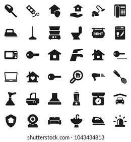 Flat vector icon set - plunger vector, water tap, vacuum cleaner, mop, iron, toilet, house hold, sink, skimmer, double boiler, garage, rent signboard, search estate, key, cushioned furniture, hood