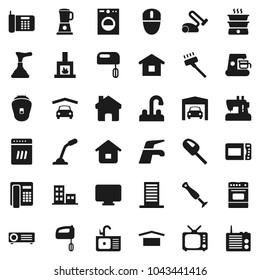 Flat vector icon set - plunger vector, water tap, vacuum cleaner, sink, oven, dry cargo, tv, home, garage, apartments, fireplace, building, washer, dishwasher, mixer, coffee maker, microwave, phone - Shutterstock ID 1043441416