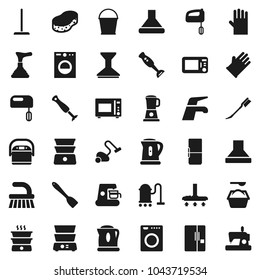 Flat vector icon set - plunger vector, water tap, vacuum cleaner, fetlock, mop, bucket, sponge, car, washing powder, rubber glove, kettle, spatula, microwave oven, double boiler, blender, fridge