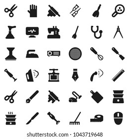 Flat vector icon set - plunger vector, broom, rake, car fetlock, iron, steaming, rubber glove, cook press, whisk, spatula, rolling pin, cutting board, double boiler, blender, sieve, pen, ruler