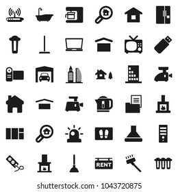 Flat vector icon set - plunger vector, vacuum cleaner, mop, welcome mat, bath, dry cargo, home, chalet, garage, estate document, rent signboard, office building, search, fireplace, fridge, siren, tv