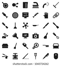 Flat vector icon set - plunger vector, scraper, broom, fetlock, rake, sponge, steaming, rubber glove, pan, measuring cup, cook press, whisk, spatula, blender, sieve, pen, first aid kit, social media