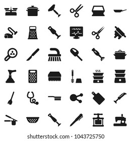 Flat vector icon set - plunger vector, scraper, broom, fetlock, sponge, toilet brush, pan, colander, cook press, rolling pin, cutting board, grater, double boiler, blender, pen, social media
