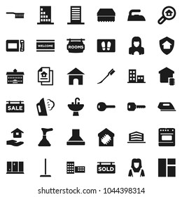 Flat vector icon set - plunger vector, fetlock, mop, sponge, car, welcome mat, iron, steaming, shining window, house hold, sink, cleaner woman, university, school building, key, estate document