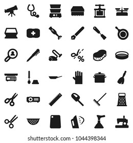 Flat vector icon set - plunger vector, broom, rake, sponge, steaming, toilet brush, rubber glove, pan, colander, cook press, spatula, cutting board, grater, double boiler, blender, sieve, pen, ruler