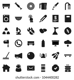 Flat vector icon set - plunger vector, rake, shower, colander, measuring cup, mixer, cereal, pasta, potato, copybook, compass, presentation board, fitball, skateboard, water bottle, shuttlecock