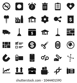 Flat vector icon set - plunger vector, mop, trash bin, toaster, alarm clock, magnet, constellation, exam, graph, case, dollar calendar, clipboard, no smoking, heart cross, stadium, car, receipt, dna
