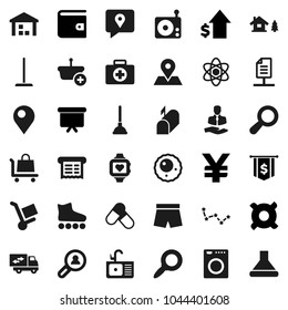 Flat vector icon set - plunger vector, mop, sink, atom, magnifier, constellation, wallet, dollar growth, presentation board, flag, any currency, yen sign, shorts, roller Skates, pills, heart monitor