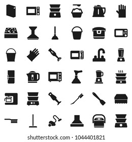 Flat vector icon set - plunger vector, vacuum cleaner, fetlock, mop, bucket, sponge, car, washing powder, rubber glove, water tap, kettle, spatula, microwave oven, double boiler, blender, fridge