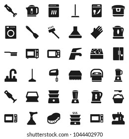 Flat vector icon set - plunger vector, water tap, vacuum cleaner, fetlock, mop, sponge, washing powder, rubber glove, kettle, spatula, microwave oven, double boiler, blender, fridge, washer, mixer
