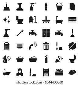 Flat vector icon set - plunger vector, vacuum cleaner, scoop, bucket, clothespin, sponge, trash bin, water tap, car fetlock, shining, splotch, welcome mat, steaming, bath, toilet, brush, foam basin