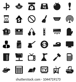 Flat vector icon set - plunger vector, cleaner trolley, broom, clothespin, colander, measuring cup, scales, cook glove, meat hammer, turk coffee, cash, manager, dollar growth, calculator, pills vial