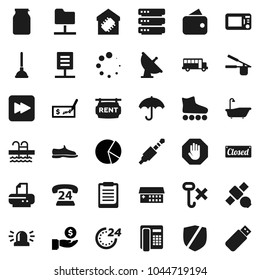 Flat vector icon set - plunger vector, bath, cook press, jar, clipboard, school bus, pie graph, investment, check, snickers, roller Skates, pool, satellite, phone 24, umbrella, no hook, protected