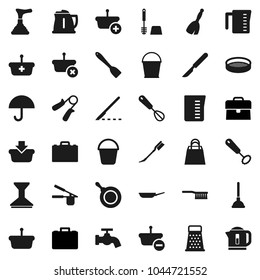 Flat vector icon set - plunger vector, broom, fetlock, bucket, water tap, car, toilet brush, pan, kettle, measuring cup, cook press, whisk, spatula, grater, sieve, case, hand trainer, umbrella