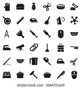 Flat vector icon set - plunger vector, scraper, broom, fetlock, sponge, iron, steaming, rubber glove, pan, colander, measuring cup, blender, sieve, pen, ruler, drawing compass, telescope, scissors
