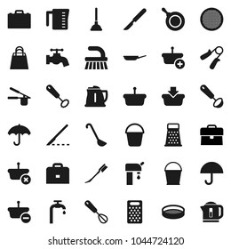 Flat vector icon set - plunger vector, fetlock, bucket, water tap, car, pan, kettle, measuring cup, cook press, whisk, ladle, grater, sieve, case, hand trainer, umbrella, scalpel, supply, basket