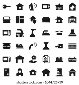 Flat vector icon set - plunger vector, fetlock, sponge, car, window cleaning, welcome mat, iron, steaming, house hold, cleaner woman, microwave oven, university, dry cargo, warehouse, home, key