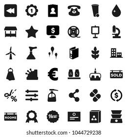 Flat vector icon set - plunger vector, towel, trash bin, water drop, liquid soap, spices, cereal, cake, medal, certificate, presentation, exchange, binder, personal information, monitor dollar, sold