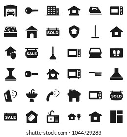 Flat vector icon set - plunger vector, fetlock, mop, sponge, car, welcome mat, iron, steaming, sink, microwave oven, home, key, house, chalet, garage, sale signboard, sold, apartments, love, smart