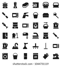 Flat vector icon set - plunger vector, water tap, vacuum cleaner, fetlock, mop, bucket, sponge, washing powder, rubber glove, kettle, spatula, microwave oven, double boiler, blender, fridge, washer