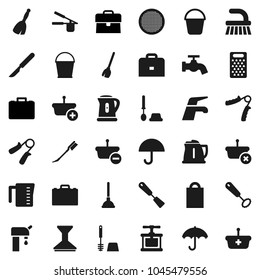 Flat vector icon set - plunger vector, broom, water tap, fetlock, bucket, car, toilet brush, kettle, measuring cup, cook press, whisk, spatula, grater, sieve, case, hand trainer, umbrella, scalpel