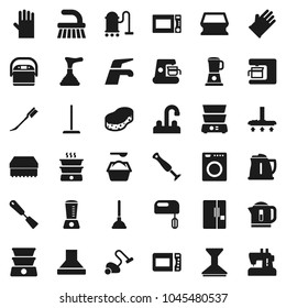 Flat vector icon set - plunger vector, water tap, vacuum cleaner, fetlock, mop, sponge, car, washing powder, rubber glove, kettle, spatula, microwave oven, double boiler, fridge, washer, mixer, hood